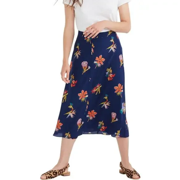 Madewell Atrium Silk Skirt Bird of Paradise Floral Navy Women's 10 Resort Euro - Picture 1 of 16